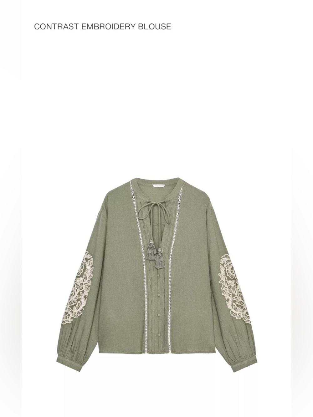 ZARA NWT, Embroidered Tie-Neck Blouse in Olive, size S